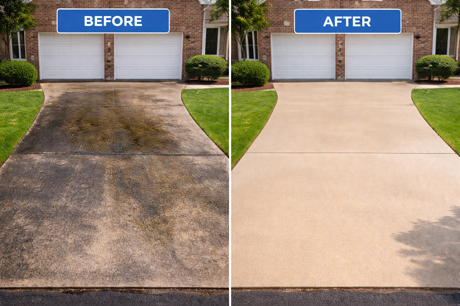 Concrete driveway before and after pressure washing