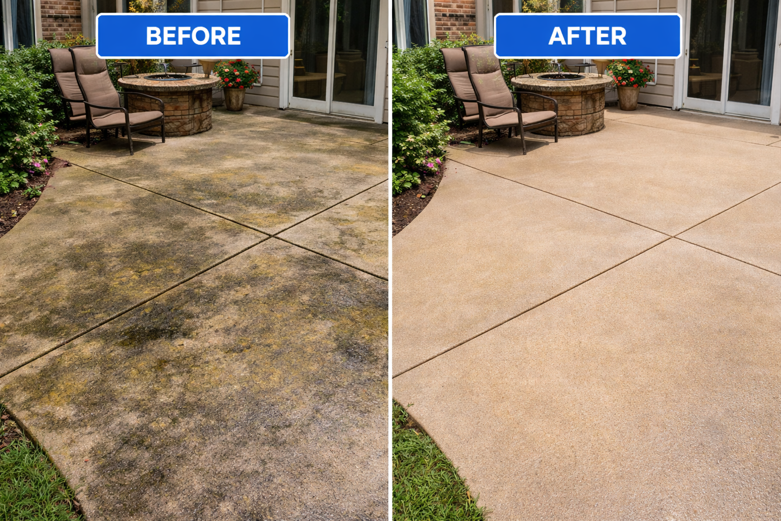 Concrete walkway before and after pressure washing